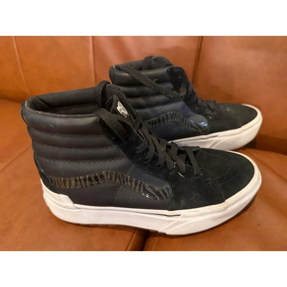 Vans Sk8-Hi MTE Platform Black Leather Suede Zebra Stripe Men 6 Women 7.5